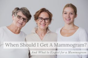 Three women of various ages standing next to each other, smiling, on "Mammogram" ad