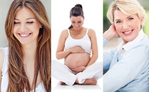 Three images of women smiling, lady in the middle is pregnant holding & looking at belly